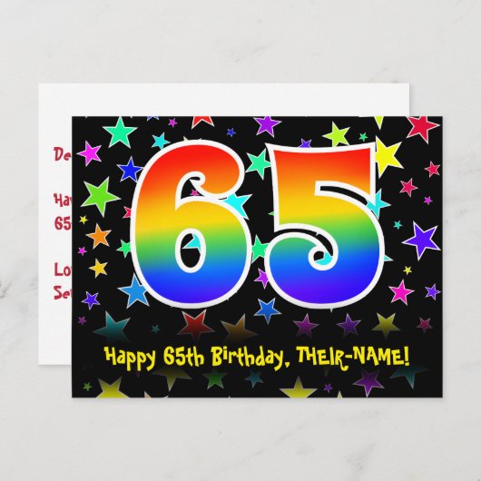 65e verjaardag: Fun Stars Pattern, Rainbow 65, Naa Briefkaart (Voorkant / Achterkant)