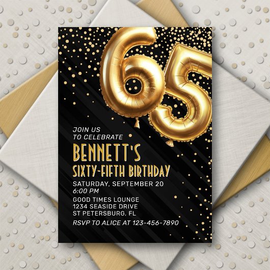 65e verjaardag Gold Black Invitation Kaart