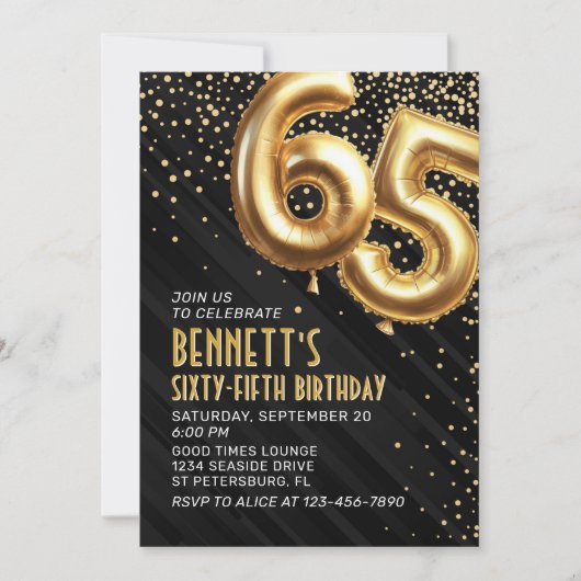 65e verjaardag Gold Black Invitation Kaart (Voorkant)