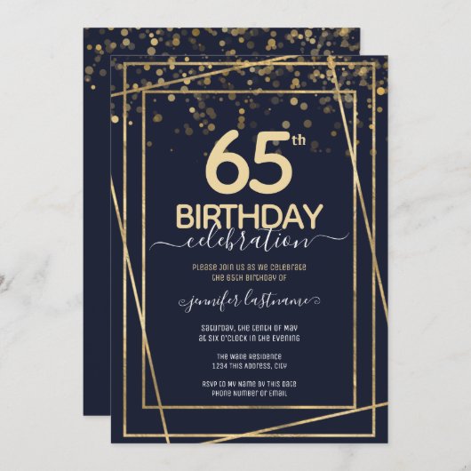 65e verjaardag Gold en blauwe uitnodiging (Voorkant / Achterkant)