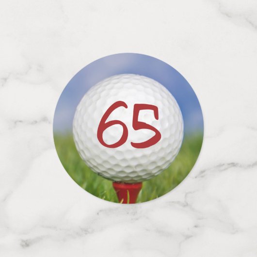 65e verjaardag golfbal op rood t-shirt confetti (Kleine voorkant)