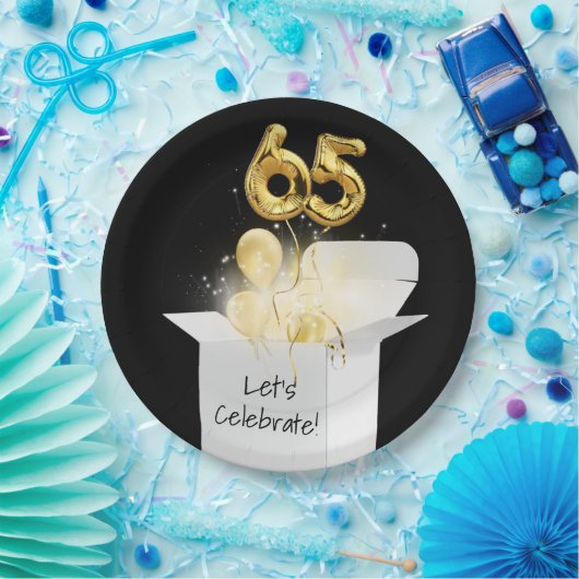 65e verjaardag goudballonnen in witte doos papieren bordje (Feest)