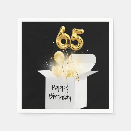 65e verjaardag goudballonnen in witte doos servet (Voorkant)