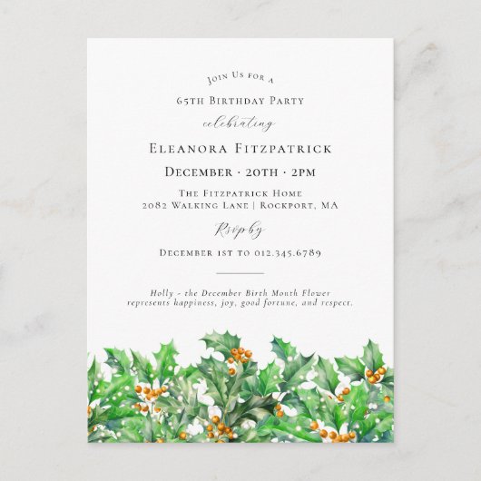65e Verjaardag Holly December Geboortemaand Bloem\ Uitnodiging Briefkaart (Voorkant)