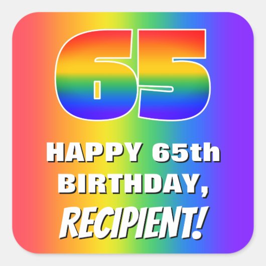 65e verjaardag: kleurrijk, vun regenboogpatroon #  vierkante sticker (Voorkant)