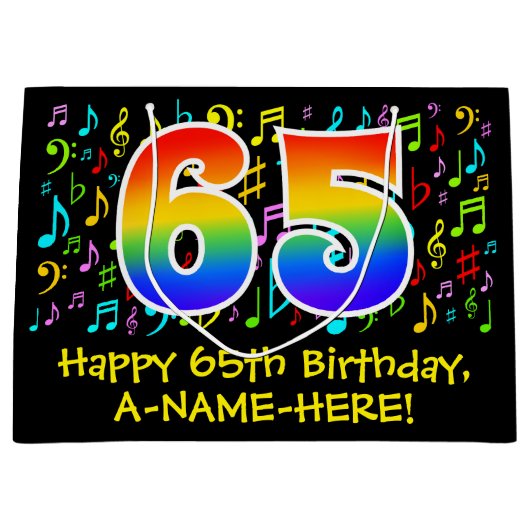 65e verjaardag - Kleurrijke muzieksymbolen, Rainbo Groot Cadeauzakje (Voorkant)