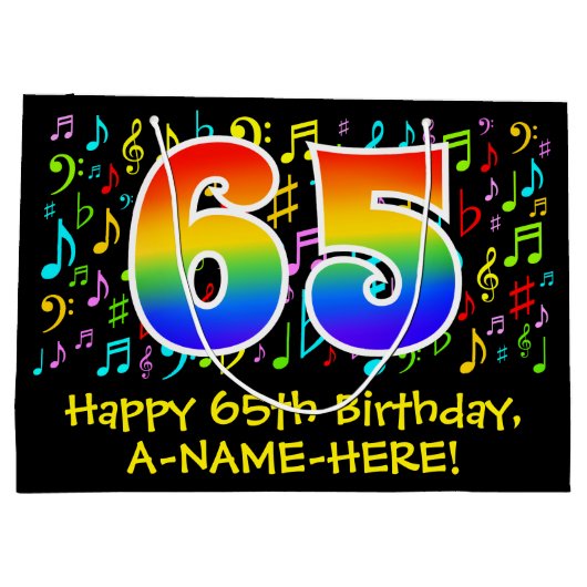 65e verjaardag - Kleurrijke muzieksymbolen, Rainbo Groot Cadeauzakje (Achterkant)