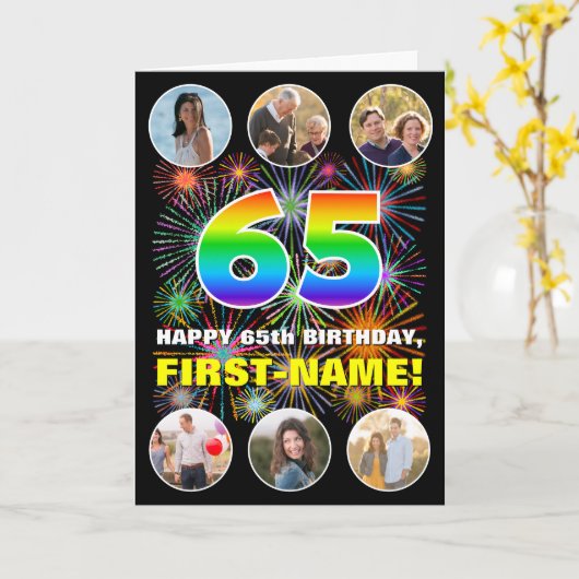 65e verjaardag: Leuke regenboog #, Aangepaste naam Kaart (Gele Bloem)