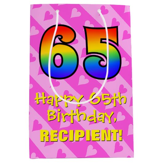 65e verjaardag: Leuke roze harten strepen; Regenbo Medium Cadeauzakje (Voorkant)