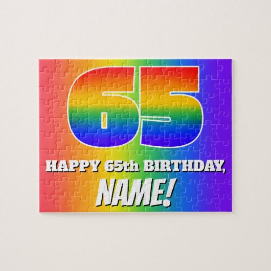 65e verjaardag — Meerkleurig regenboogpatroon "65" Legpuzzel (Horizontaal)