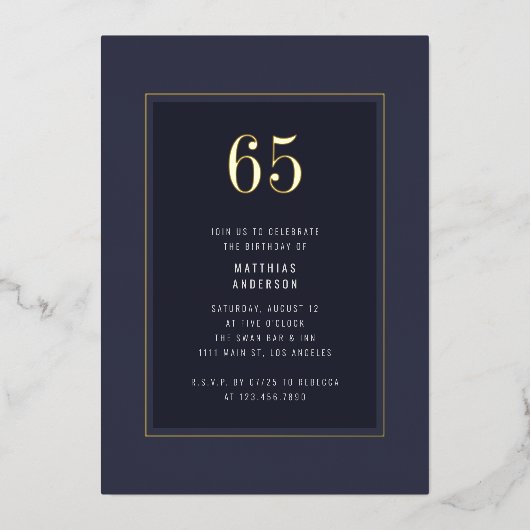 65e Verjaardag minimaal Elegant Donkergoud Lijst Folie Uitnodiging (Voorkant)