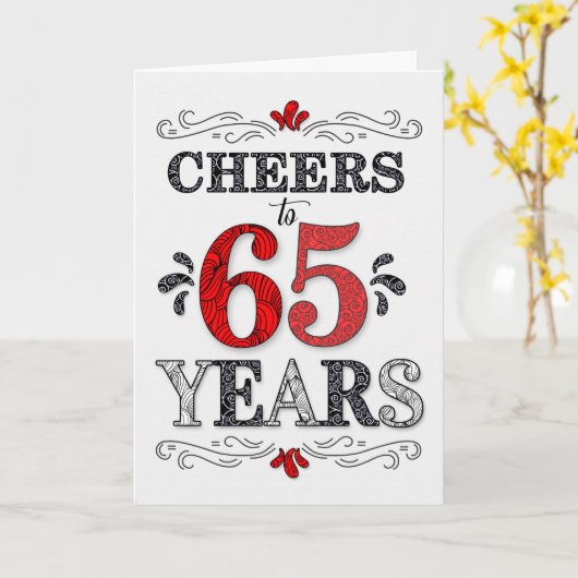 65e verjaardag Proost in rood wit zwart patroon Kaart (Gele Bloem)