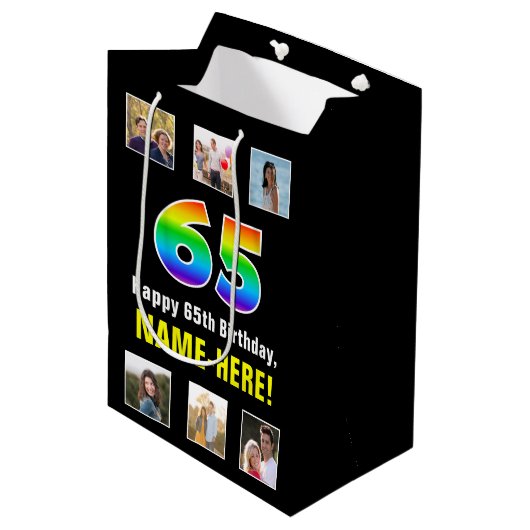 65e verjaardag: Regenboog "65", aangepaste foto's  Medium Cadeauzakje (Voorkant Gekanteld)
