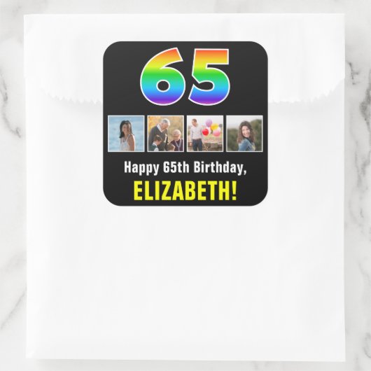 65e verjaardag: Regenboog "65"; Aangepaste foto's Vierkante Sticker (Tas)