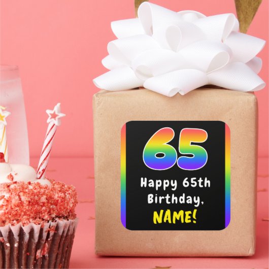 65e verjaardag: Regenboogspectrum # 65, Aangepaste Vierkante Sticker (Feest)