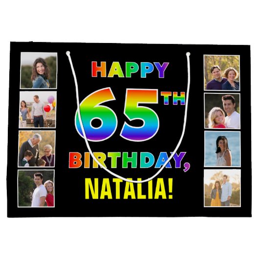 65e verjaardag: regenboogtekst, aangepaste foto's  groot cadeauzakje (Achterkant)