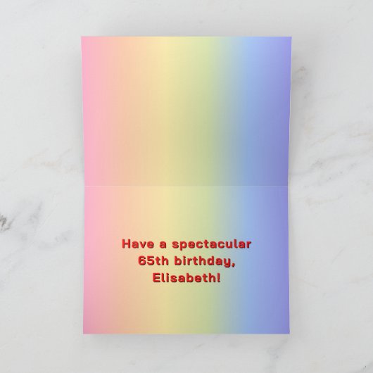 65e verjaardag: regenboogtekst, aangepaste foto's kaart (Binnen)