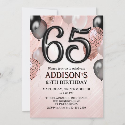 65e verjaardag Roos gouden ballonnen uitnodiging (Voorkant)