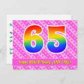 65e verjaardag: roze strepen en harten, regenboog  briefkaart (Voorkant / Achterkant)