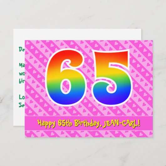 65e verjaardag: roze strepen en harten, regenboog  briefkaart (Voorkant / Achterkant)