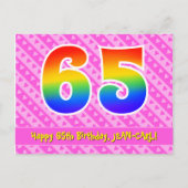 65e verjaardag: roze strepen en harten, regenboog  briefkaart (Voorkant)