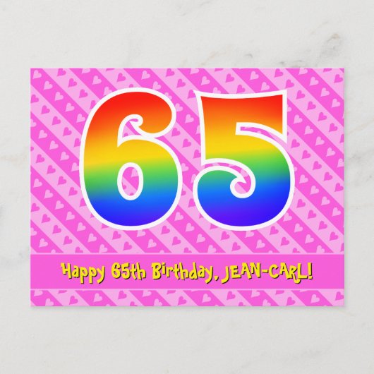 65e verjaardag: roze strepen en harten, regenboog  briefkaart (Voorkant)