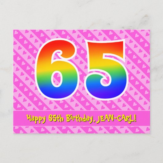 65e verjaardag: Roze strepen & harten, Regenboog 6 Briefkaart (Voorkant)