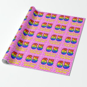 65e verjaardag: Roze strips en harten, regenboognr Cadeaupapier