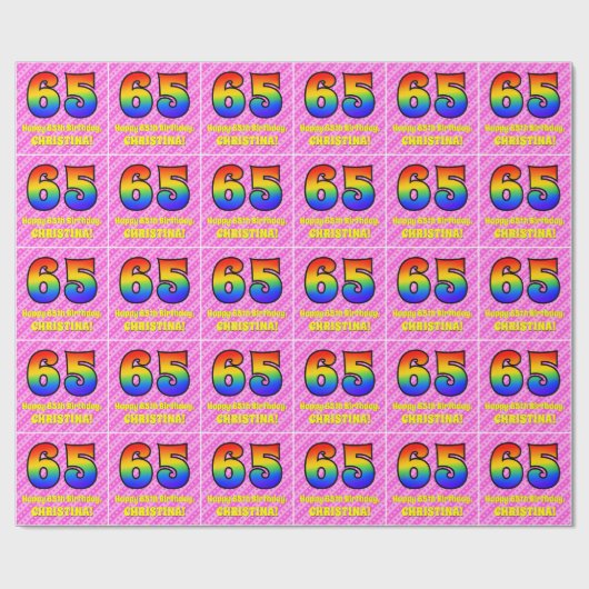 65e verjaardag: roze strips & harten, regenboognr. cadeaupapier (Vlak)