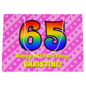 65e verjaardag: roze strips & harten, regenboognr. groot cadeauzakje (Voorkant)