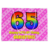 65e verjaardag: roze strips & harten, regenboognr. groot cadeauzakje (Achterkant)