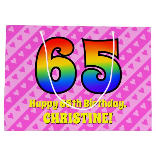 65e verjaardag: roze strips & harten, regenboognr. groot cadeauzakje (Achterkant)