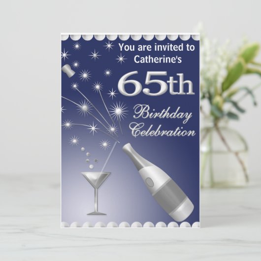 65e verjaardag Uitnodiging - Blauw & Zilver (Staand voorkant)