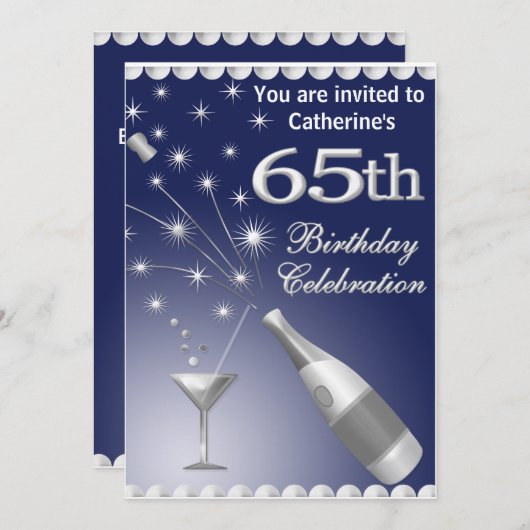 65e verjaardag Uitnodiging - Blauw & Zilver (Voorkant / Achterkant)