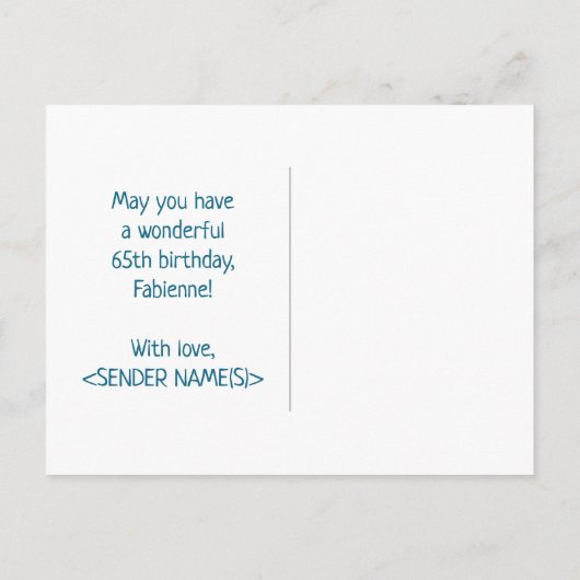 65e verjaardag: Vet, Leuk, Eenvoudig, Regenboog 65 Briefkaart (Achterkant)