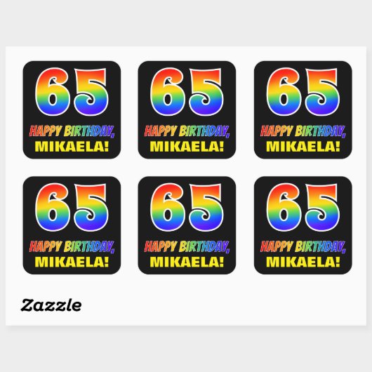 65e verjaardag: Vet, Leuk, Eenvoudig, Regenboog 65 Vierkante Sticker (Vel)