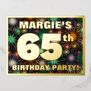 65e verjaardag: Vette, kleurrijke Fireworks-look Folie Uitnodiging Briefkaart