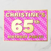 65e verjaardag - vuurroze harten en strips folie uitnodiging (Voorkant)
