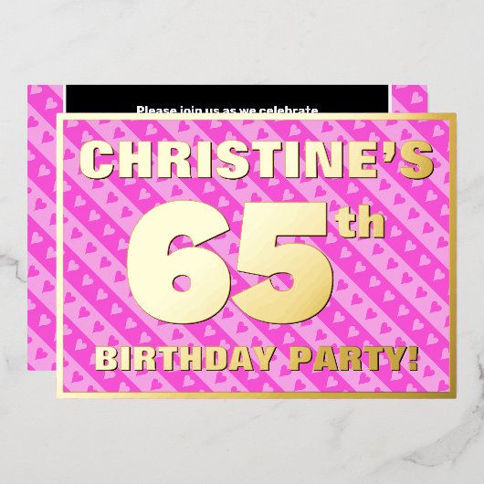 65e verjaardag - vuurroze harten en strips folie uitnodiging (Voorkant / Achterkant)