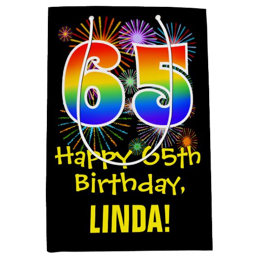 65e verjaardag: Vuurwerk Fun Pattern + Regenboog 6 Medium Cadeauzakje (Voorkant)