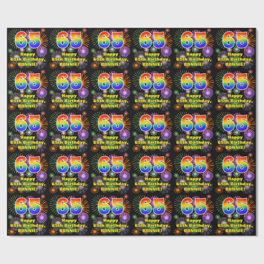 65e verjaardag: vuurwerk, regenboogblik # "65" cadeaupapier (Vlak)