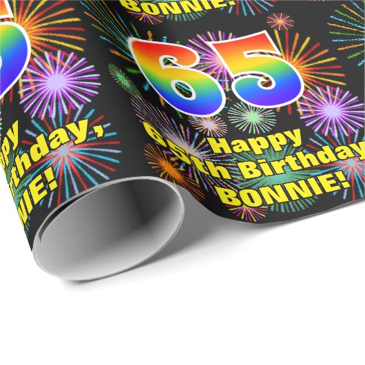 65e verjaardag: vuurwerk, regenboogblik # "65" cadeaupapier (Rol Hoek)