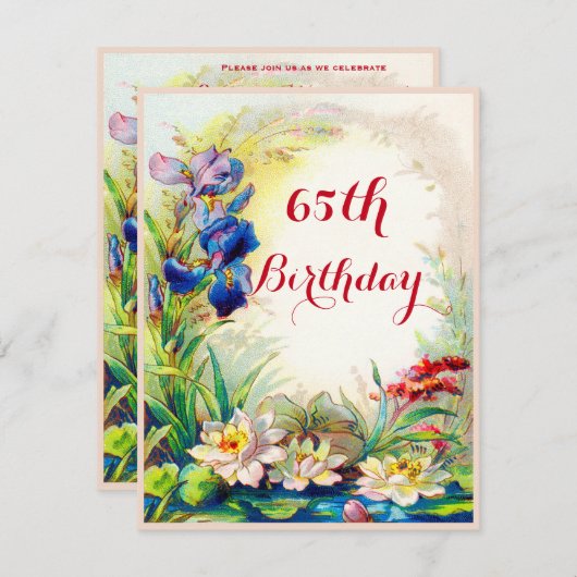 65e verjaardag  Waterlelies en Iris Flowers Kaart (Voorkant / Achterkant)
