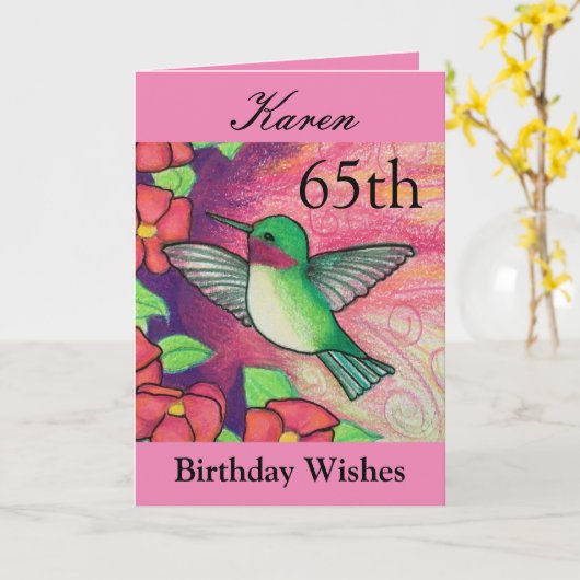 65e Verjaardag Wensen  Roze Kolibrie Kaart (Gele Bloem)