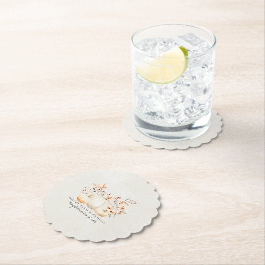 65e Verjaardag Witte Pompoen Fall Bladeren Custom Kartonnen Onderzetters (Insitu)