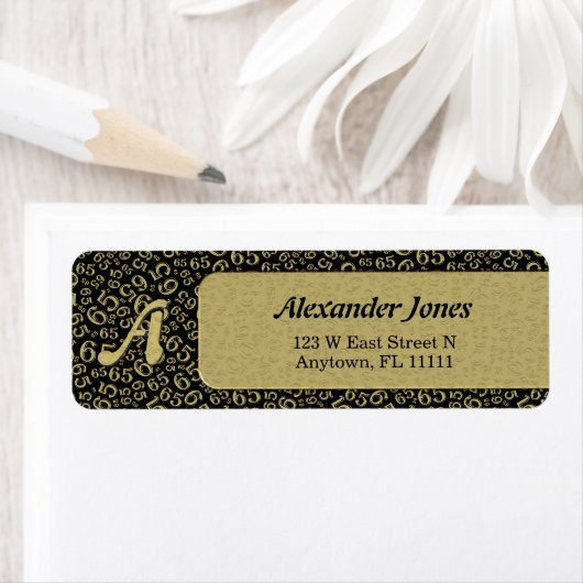 65e verjaardag zwart & gouden Random Number Patter Etiket (Insitu)