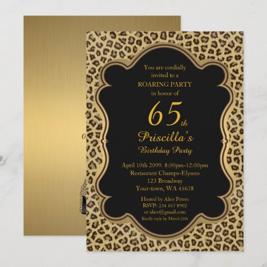 65e, Verjaardagsfeest 65e, Cheetah, Zwart & Goud Kaart (Voorkant / Achterkant)