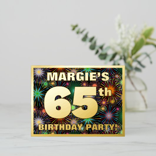 65e verjaardagsfeest: Knappe, kleurrijke vuurwerk Folie Uitnodiging Briefkaart (Staand Voorkant)