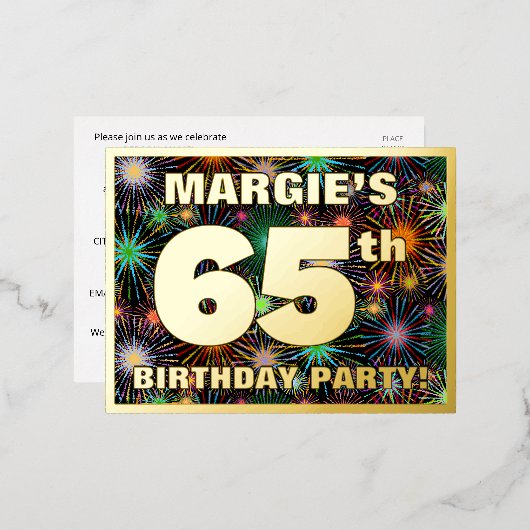 65e verjaardagsfeest: Knappe, kleurrijke vuurwerk Folie Uitnodiging Briefkaart (Voorkant / Achterkant)