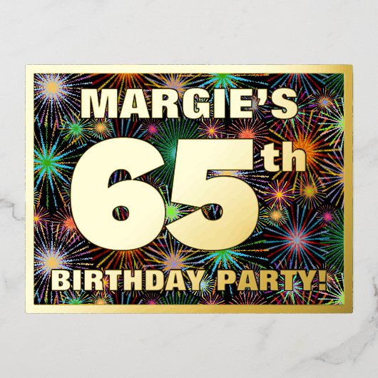 65e verjaardagsfeest: Knappe, kleurrijke vuurwerk  Folie Uitnodiging Briefkaart (Voorkant)